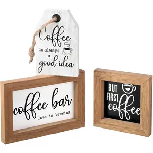 3 Pcs Coffee Themed Wooden Decor Pieces – Wooden Hanging Tag & Mini Framed Signs for Kitchen Counter Decor and Coffee Bar Accessories