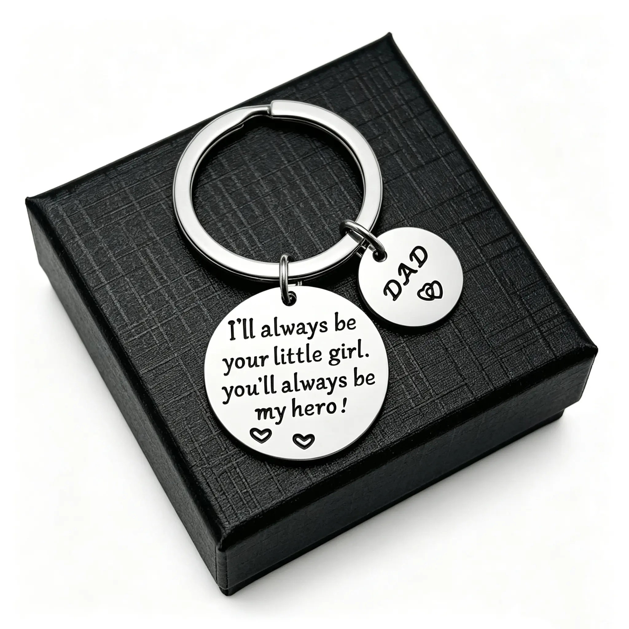 Stylish Keyring for Dad, Polished Black Stainless Steel 'My Hero' Slogan Keychain Decor with Heart Tag, Sentimental Thanksgiving Gift from Daughter, Laser Engraving, Fashion, Father-Daughter Day, Heart-Shaped Engraved Keychains, Daughter Gift
