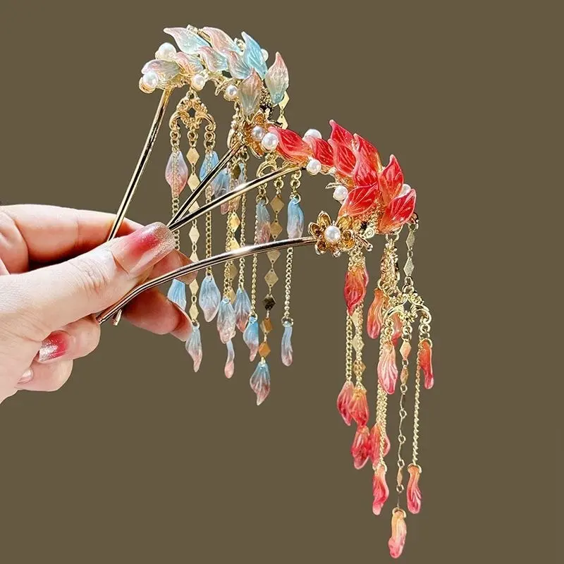 Women's Hanfu-Inspired Double-Pronged Floral Hair Pin - Fairy Koi Fish Translucent Petal Dangle Tassel Accents, Weddings/Cosplay Elegant Oriental Updo Accessory