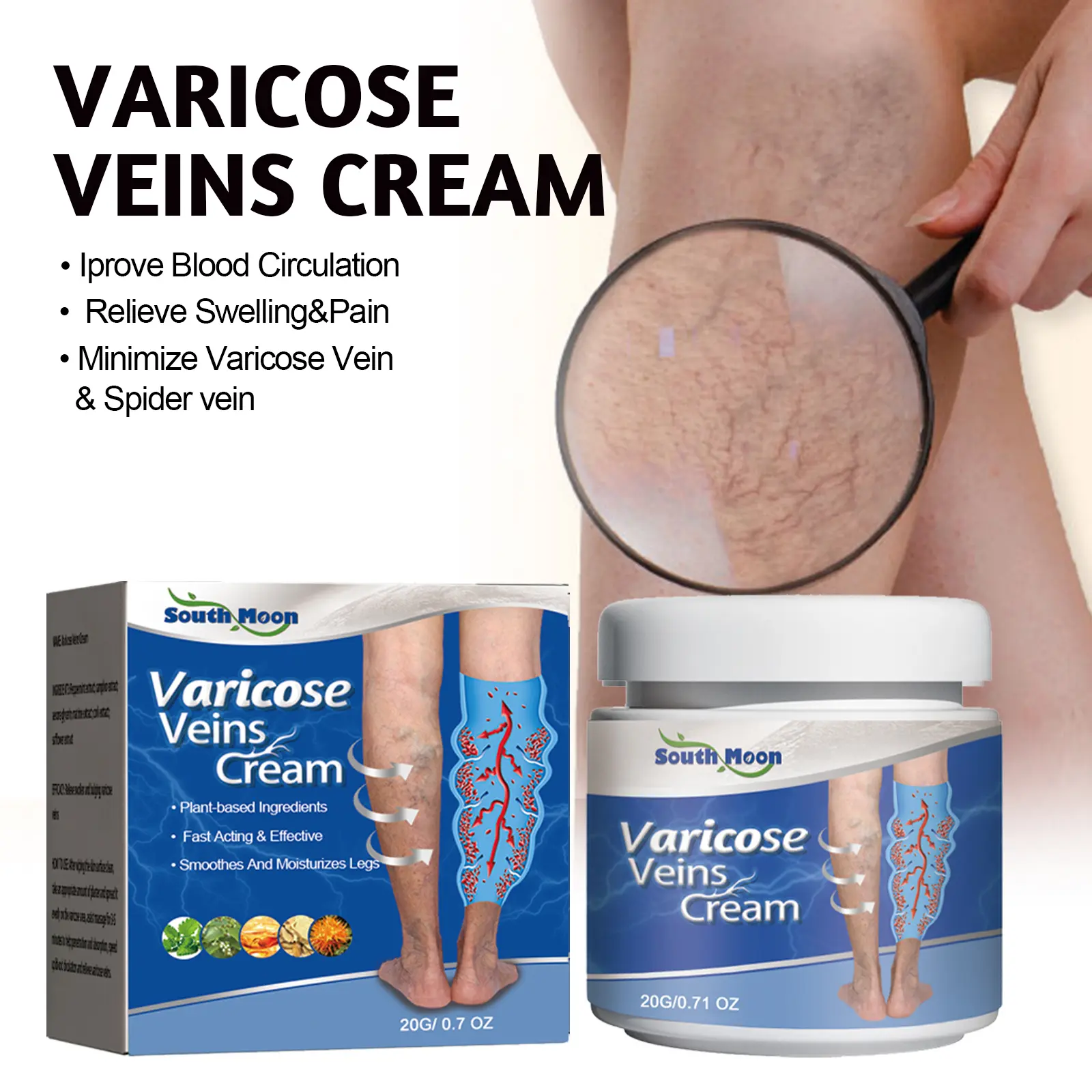 South Moon Varicose Veins Cream with Rosemary Leaf Oil & Cardamom Seed Extract for Improved Blood Circulation and Vein Health 20g