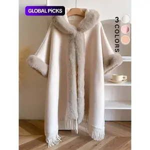 Women’s Solid Color Tassel Trim Hooded Cape Shawl, Casual Fitted Warm Thick Plush Open Front Cape Shawl for Fall & Winter, Fashion Accessories for Women