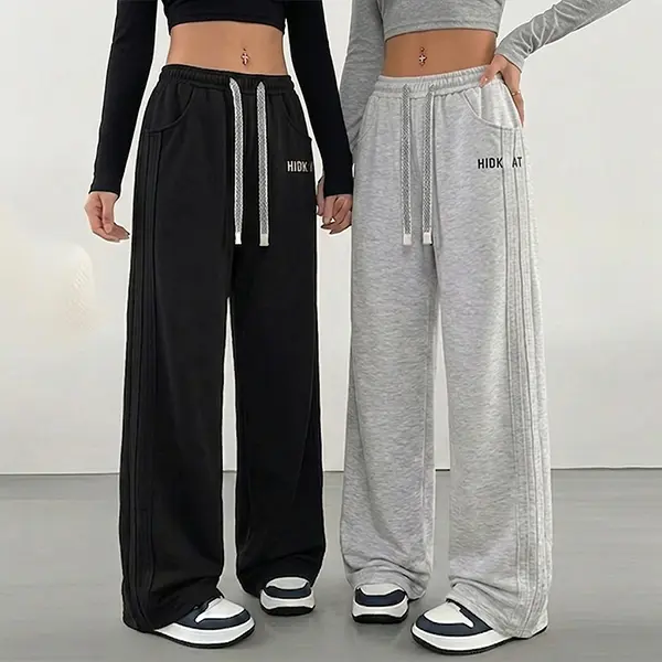 Pack of 2 — Women’s loose regular-fit solid color drawstring sweatpants made of polyester fiber, casual style for spring/autumn, with pockets, suitable for everyday wear; dance pants/street dance pants