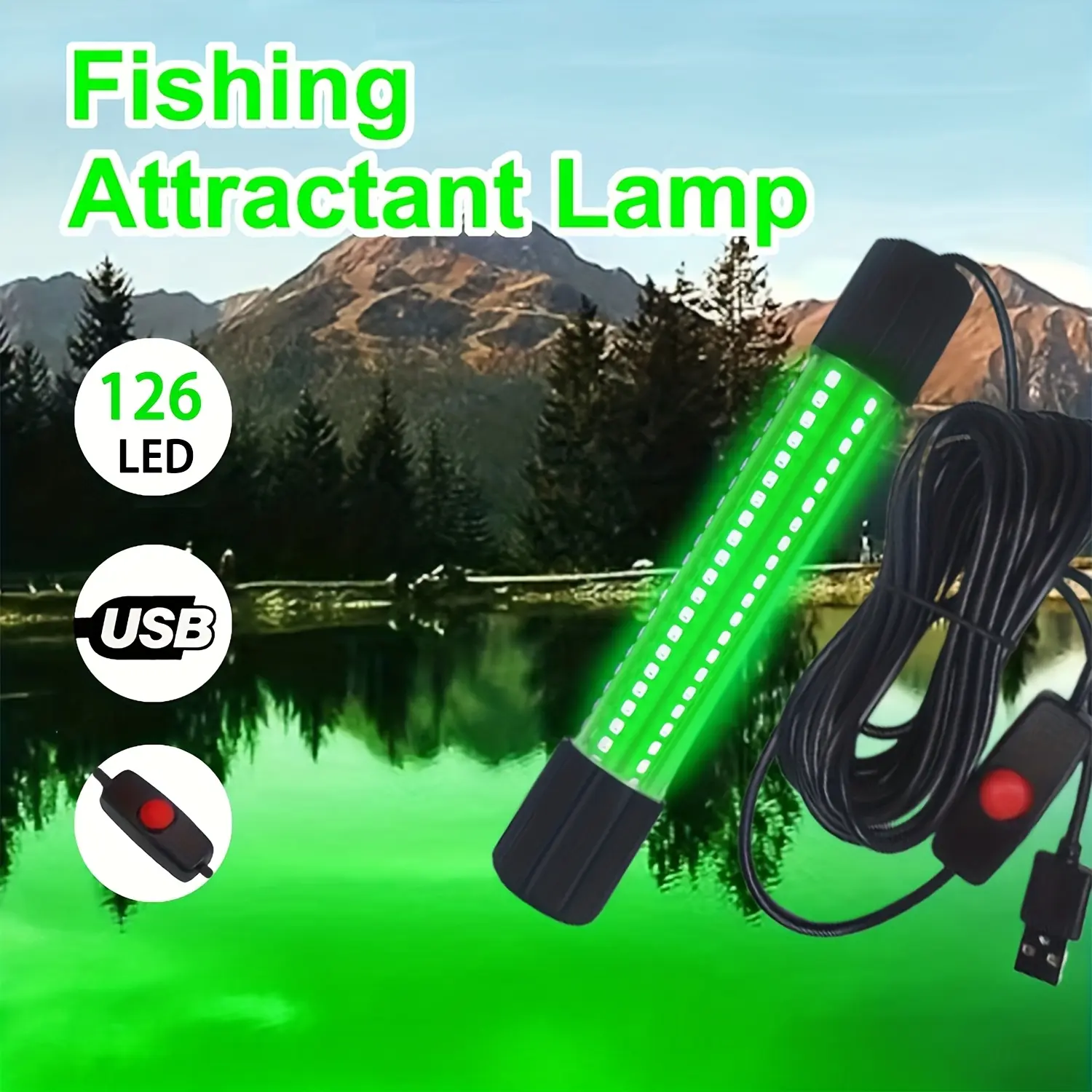 Submersible Fishing Light with 126 LEDs, IP68 Waterproof White Light Fish Attractant, USB Powered with 16ft Cable for Night Dock Fishing and Bass, Attracts Bass And Black Bass