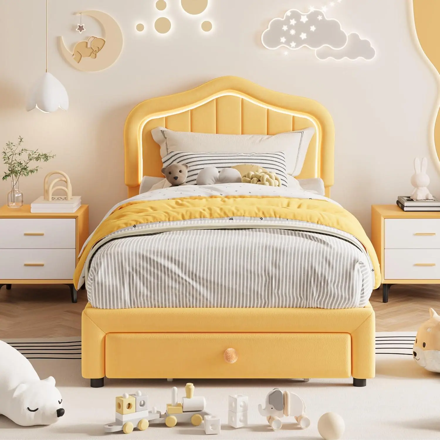 Twin-orange Upholstered Bed Frame with Storage Drawer and Smart Led Headboard  Twin Size Platform Bed Frames for Kids  Wooden Slats Support  No Box Spring Needed  Easy Assembly