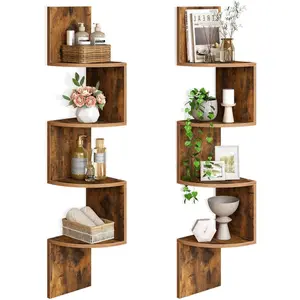 Corner Shelf Wall-Mounted, Set of 2 Floating Corner Shelves for Wall, 4-Tier Corner Bookshelves for Living Room, Bedroom, Bathroom, Home Office, Rustic Brown