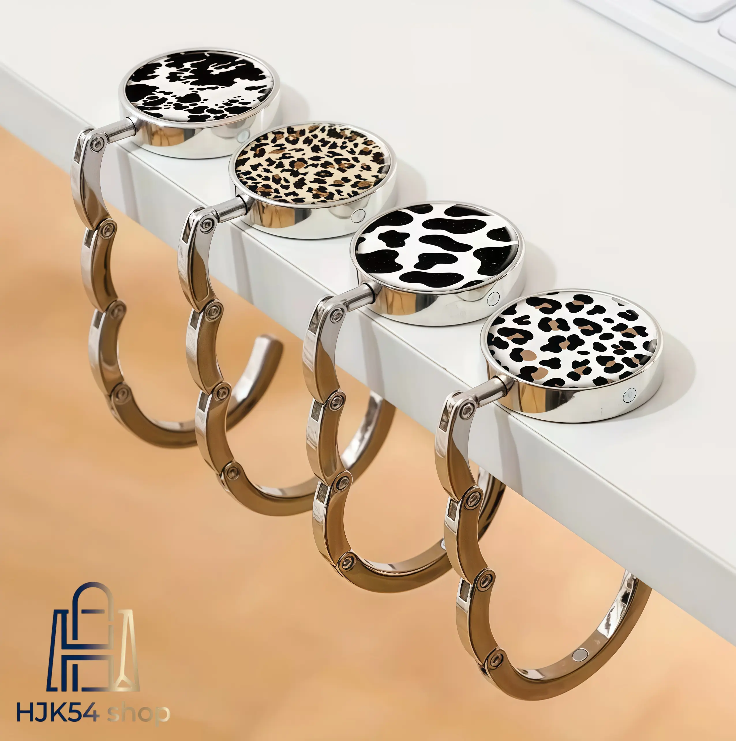 Women's 4pcs Foldable Leopard Print Metal Purse Hooks, Portable Anti-Slip Table Handbag Holders, Cute Animal Print Desk Accessories, Cute Purse Accessories, Durability, Organize Bags