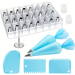 This 32-piece piping bag and nozzle set includes 24 royal icing nozzles, 2 reusable 12-inch piping bags, reusable icing bags and nozzles, and a cake decorating set.