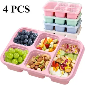 4 Pack Reusable 5 - Compartment Bento Lunch Boxes Set, Leakproof Lunch Box. Comes with sauce containers, utensils & lids. Stackable. Great for school, work, travel & picnics. Eco - friendly & food - grade.
