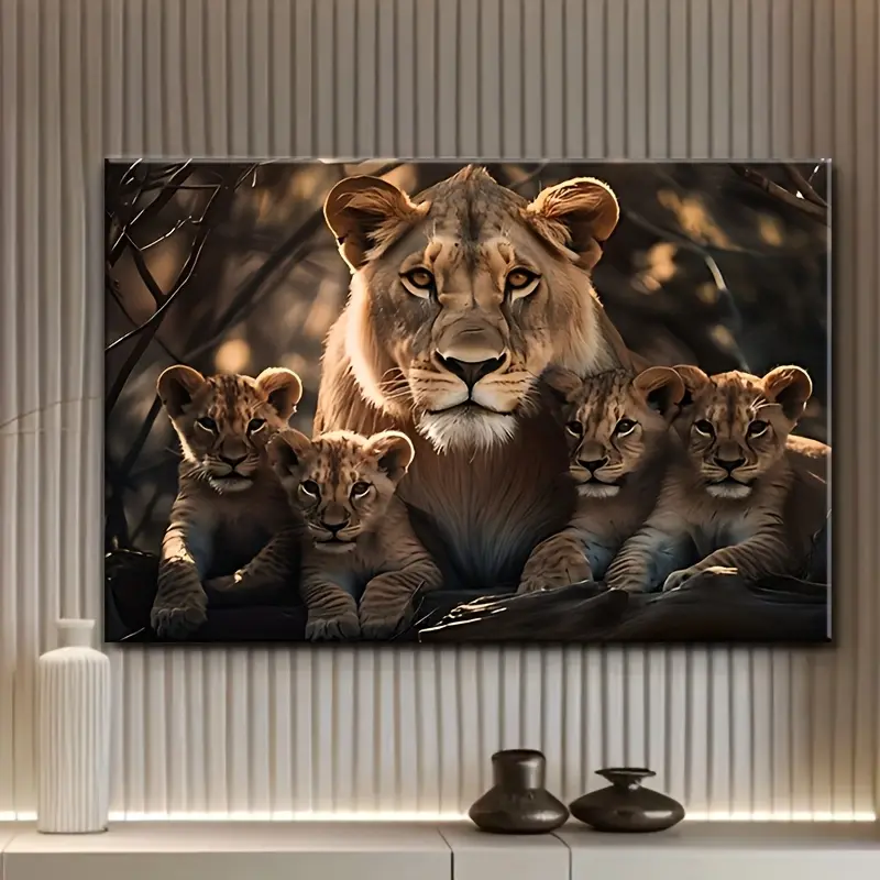 Modern Lion Framed Canvas Wall Art - Pine Wood Frame, Decorative Hangable Printing, Easy-to-Hang, Secure Packaging, Modern Home Decor for Bedrooms, Living Rooms, Ideal Animal-Themed Gift for Friends