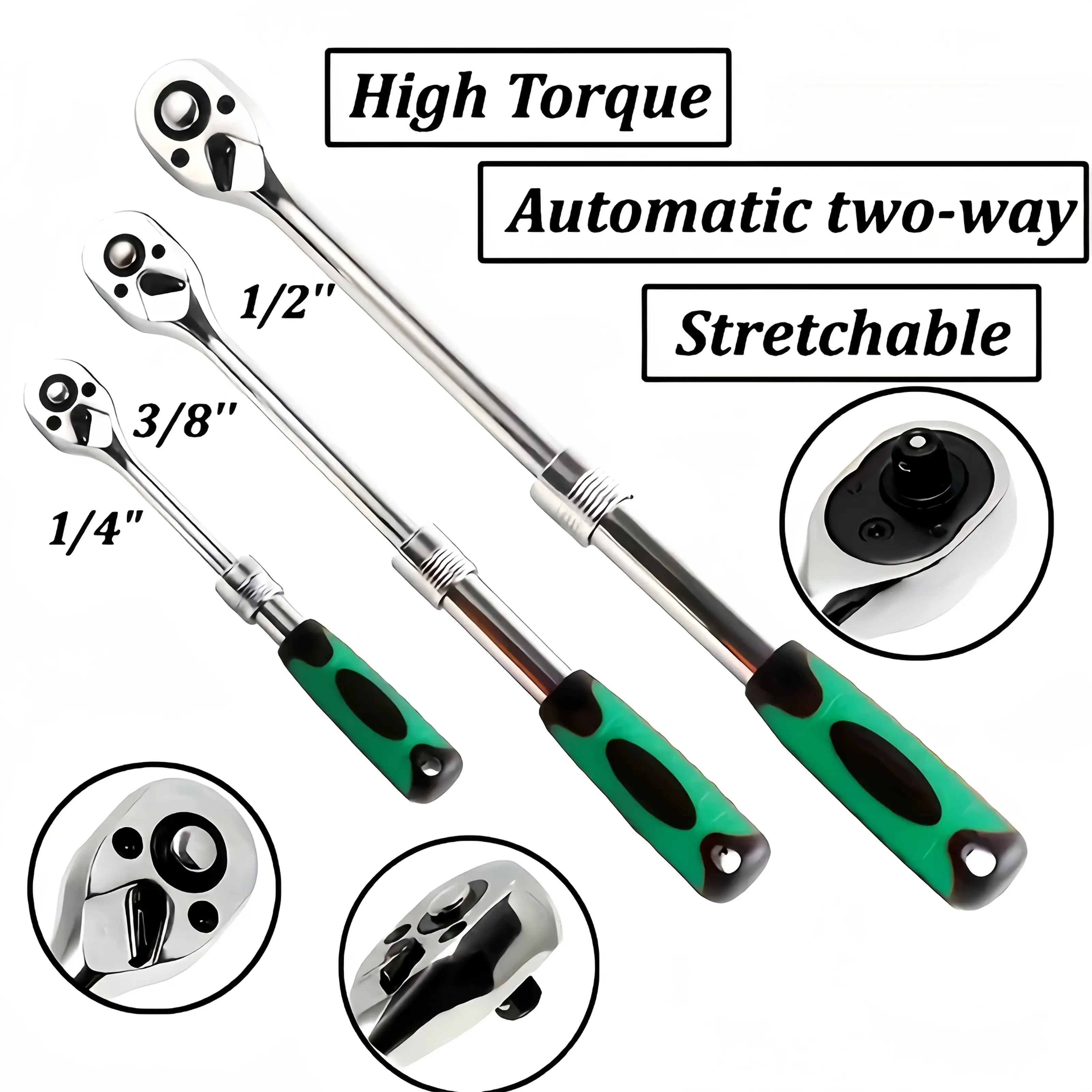 3-Piece Ratcheting Wrench Set - 1/4"-3/8"-1/2" Drive Dual-Purpose Telescopic Socket Handle, 2-Way Quick Release High Torque Non-Impact Spanners with Anti-Slip Grip, Heavy Duty Mechanic Tools for Auto Repair, Garage Use, Heavy Duty Ratchets, High Torque Wr