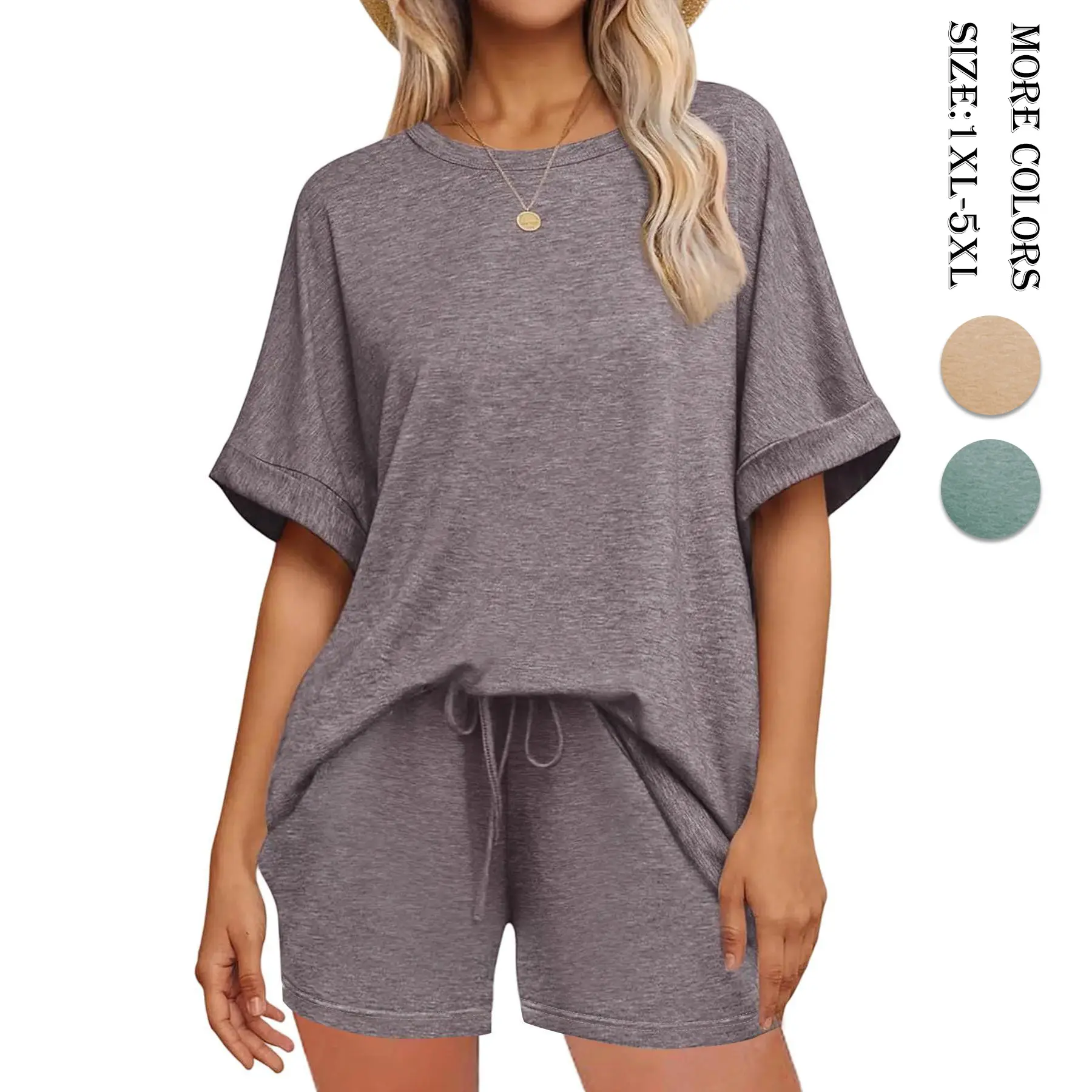 Renaishow Women's Plus Size Soft Lounge Set - 2-Piece Outfit with Crew Neck Loose Fit Shirt and High Rise Drawstring Shorts for Summer Nightwear, Resort Wear, Women's Clothes, Casual Fit