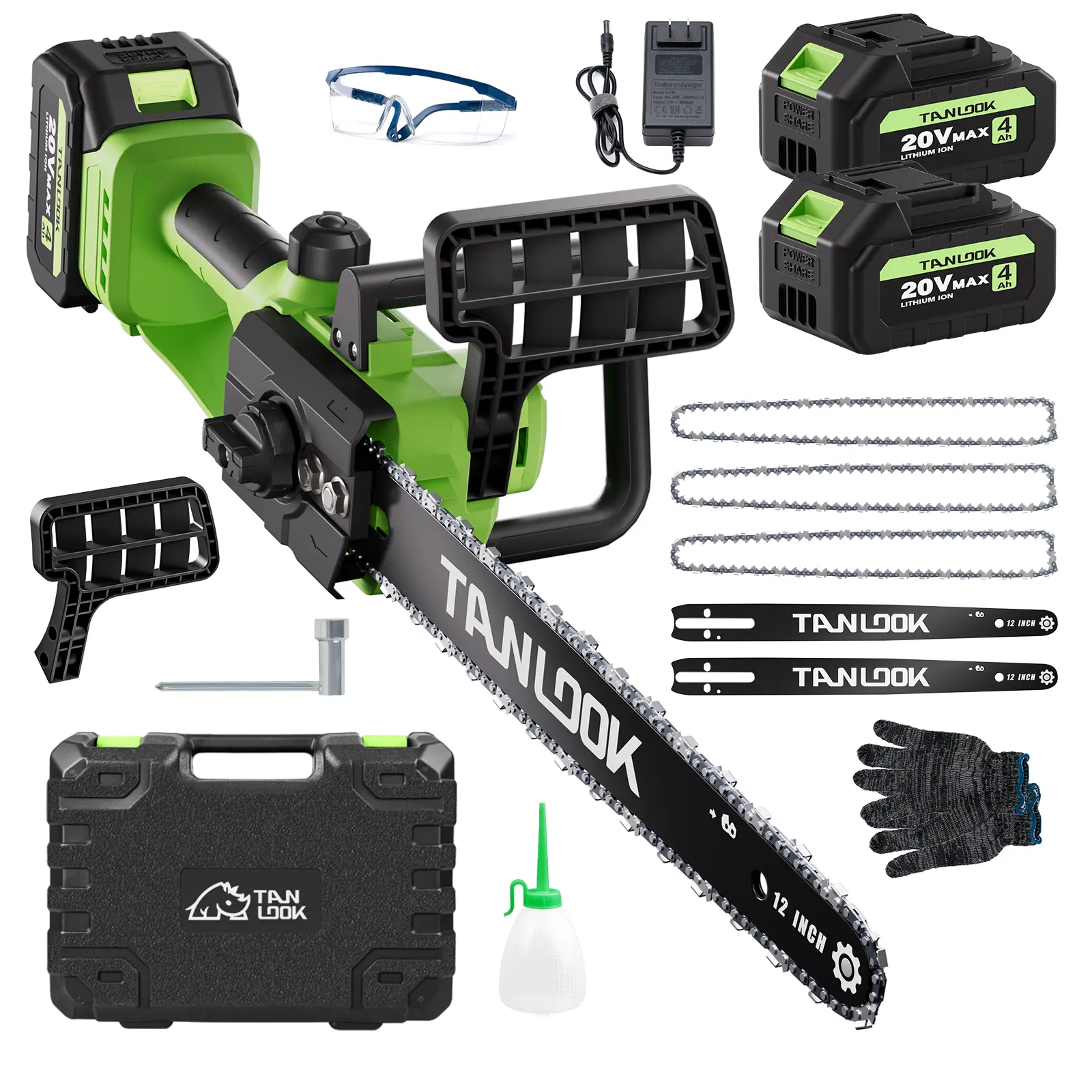 TANLOOK 12-inch Cordless Chain Saw - 2×4000mAh Rechargeable Batteries, High-Quality Guide Bars, Compact Electric Chainsaw with Optional Toolbox & Guide Chains, Higher Cutting Efficiency for Wood Cutting, Tree Trimming, Ideal for Homeowners