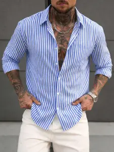 Men's Casual Long Sleeve Striped Shirt, Comfortable Breathable Fabric, Ideal for Outdoor, Beach, and Daily Wear, Perfect for Relaxing and Leisure
