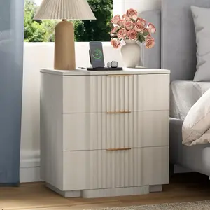 Yechen Fluted Nightstand with 20W Fast Charging Station – Modern Large Night Stand with 3 Storage Drawers, Wide Wood Bedside End Table for Bedroom with Curved Profile Base, White Oak