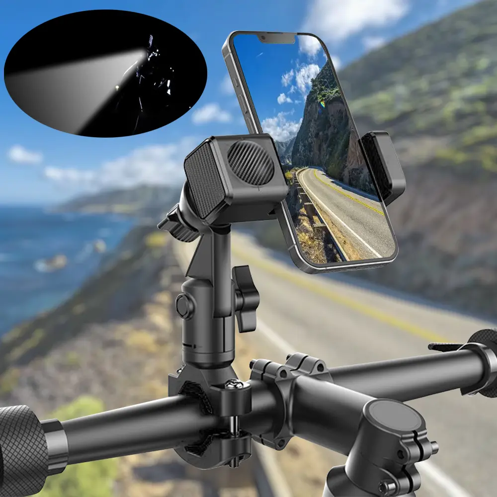 Bike Phone Mount with Headlight for Cycling Bike/Motorcycle/Scooter/Ebike, Shockproof Handlebar Phone Holder, 3 Lighting Mode, 360° Rotation Cellphone Clamp for 4.7" - 7" Smartphones