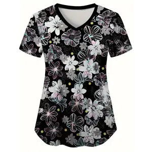 Women's Floral Print V-Neck Scrub Top with Frosted Pockets - Comfortable Short Sleeve Nurse Uniform in Black with Multicolor Flower Design, Polyester Fabric for Summer Wear