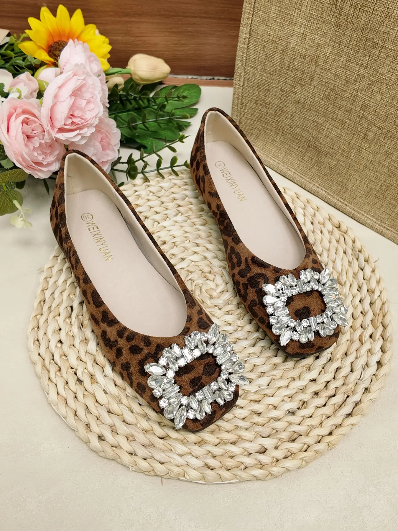 Versatile Leopard Print Rhinestone Square Toe Slip-On Shoes, Comfortable Soft Leather Bean Bag Flat Work Shoes, Perfect for Commute and Dates, Leopard Flats
