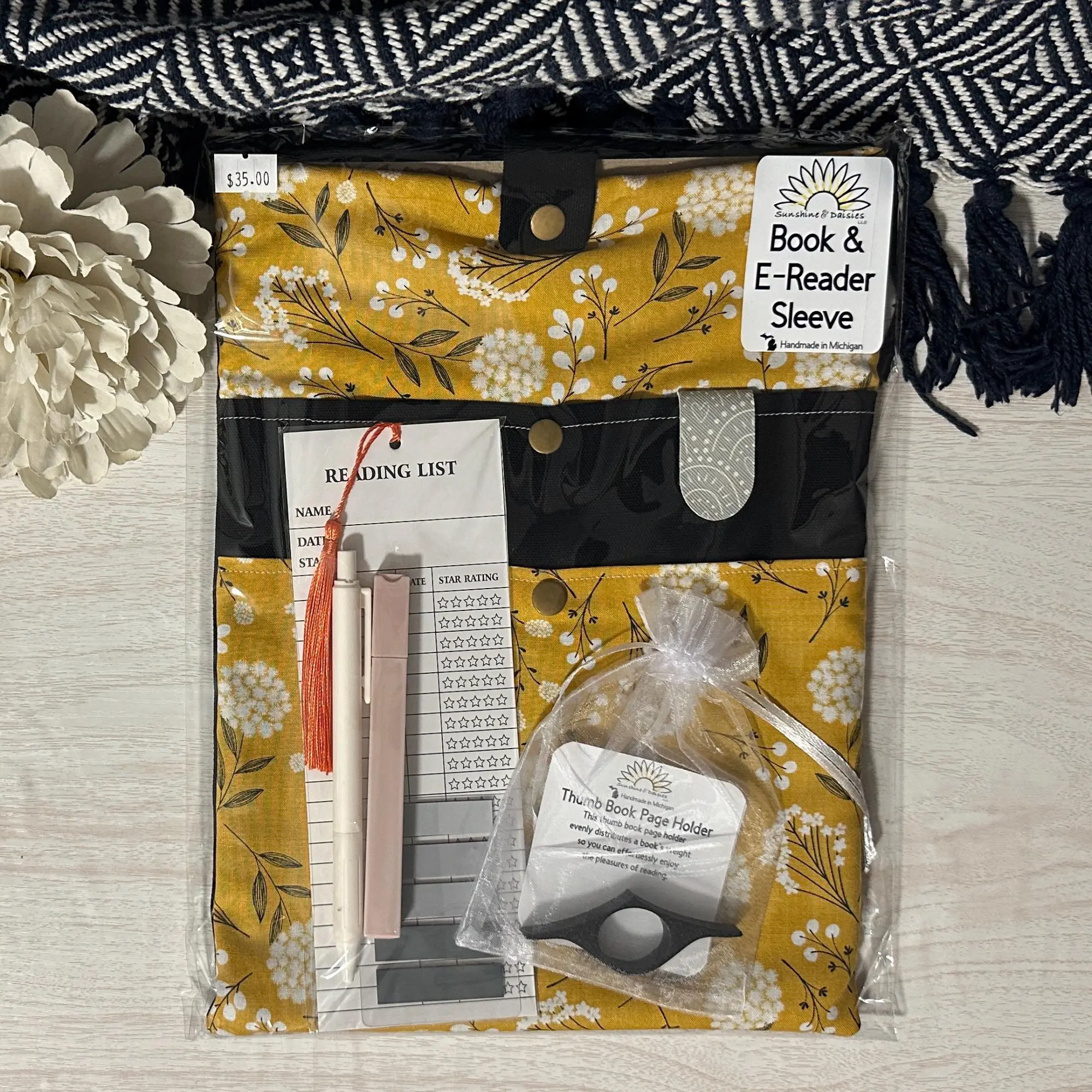 Fleece Lined Sleeve for Book and EReader with Bookish Goodies l Golden Flowers