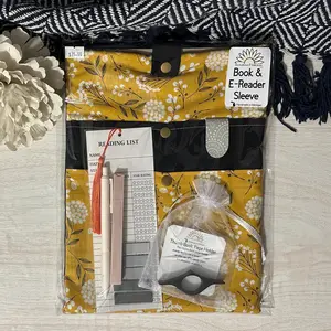 Fleece Lined Sleeve for Book and EReader with Bookish Goodies l Golden Flowers