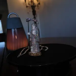 Custom Made 4 Inch Angel of Death Mini Statue White Gold Plated Figaro 24 inch Necklace with Rhinestone Accents & Green Gemstones for Daily Wear Cuban Link Chain Jewelry Gifts Handmade Fashion Accessory