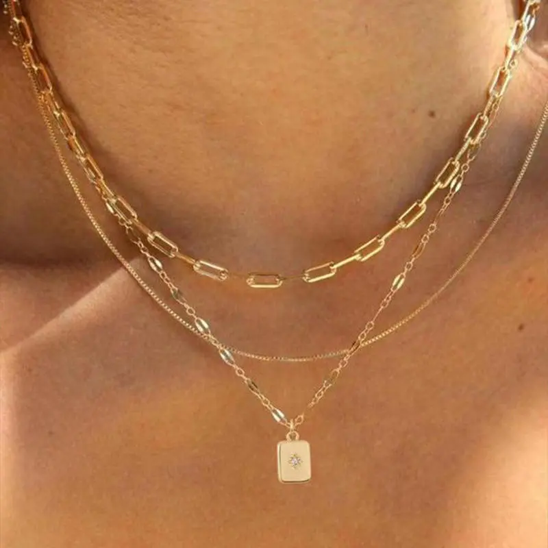Mother's Day Gift Trendy Multi-Layered Chain Square Geometric Necklace Zircon Inlay Pendant Fashion Jewelry Necklace Unisex Versatile Design with Multi Layered chain