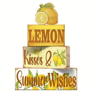 4 Pcs Summer Lemon Decor Wooden Tiered Tray Sign, Farmhouse Rustic Lemon Table Decor Desk Signage Decoration Book Stack Block Hello Sunshine Summer Decorations for Home Office Kitchen Mantel Shelf Home Decor Products, Rustic Farmhouse Design, Room Decor