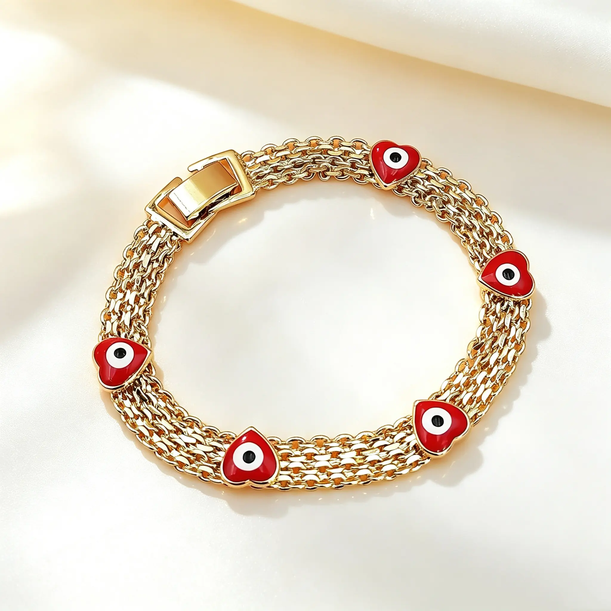 Boho Wide Woven Chain Evil Eye Heart Bracelet For Women, Glossy Red Enamel Heart Evil Eye Charms With Sturdy Rectangle Magnetic Clasp,Stackable Lucky Wrist Jewelry For Boho Daily Outfit Layering Sentimental Birthday Friendship Holiday Present,Summervibes