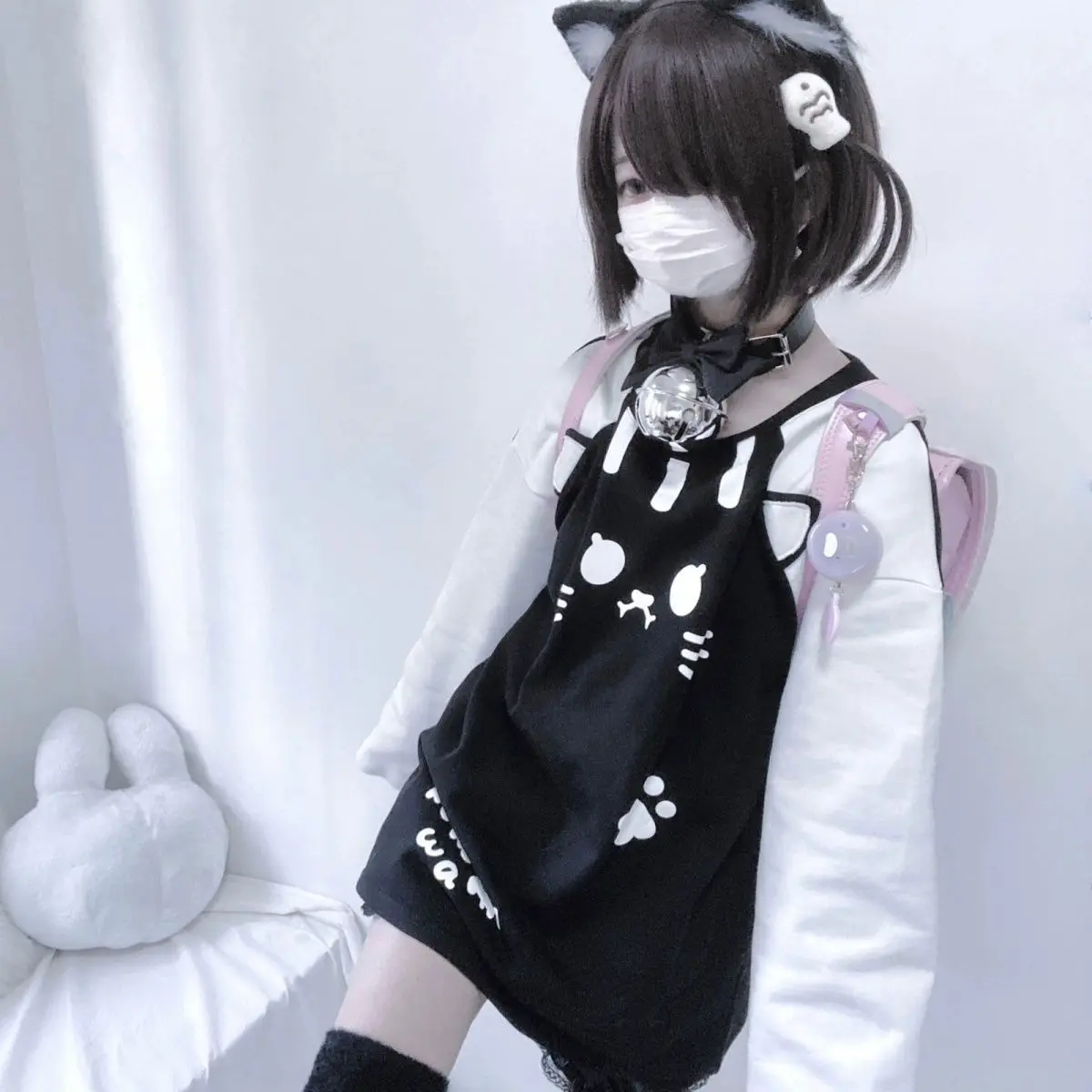 Y2K Kawaii Cat Paw Graphic Cami Dress Black Loose Sleeveless A‑Line Casual Mini Dress