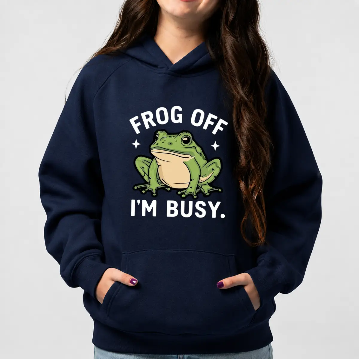 Frog Off I'm Busy Hoodie, Funny Frog Graphic Hoodie, Sarcastic Frog Sweatshirt, Cute Amphibian Meme Hoodie, Front Graphic Print Hoodie, Funny Animal Pullover, Humorous Gift For Women, Men, Teens And Frog Lovers