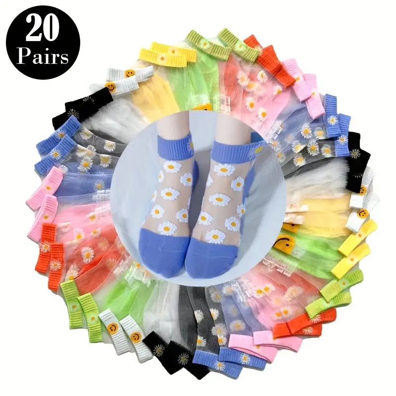 Lady's 20-Pair Floral Crystal Silk Aesthetic Ankle Socks Pack - Breathable, Soft, Casual, Comfy, Lightweight Sheer Short Socks - Silk-Made for Spring & Summer, Ideal Gift, Mixed Pack, 20 Pairs Mixed Pack