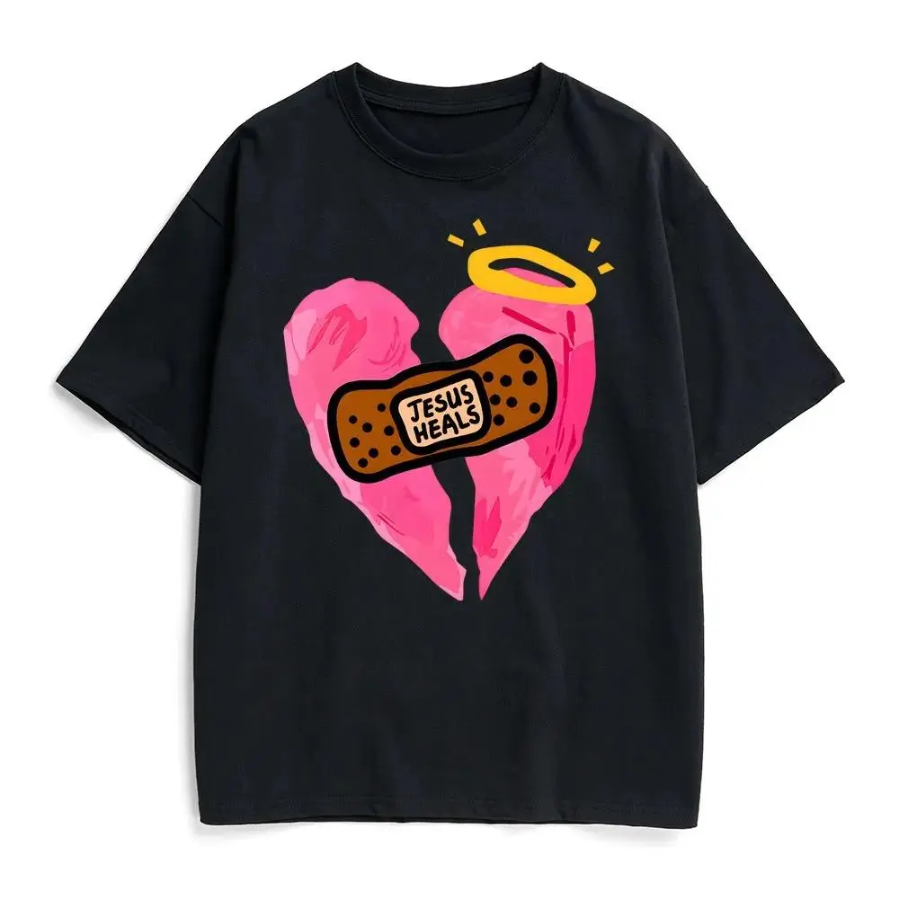 Women's Pure Cotton T-Shirt, Jesus Heals Christian Graphic, Soft Short-Sleeve Round Neck for Daily Leisure