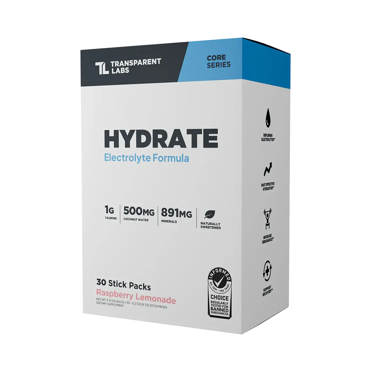 Transparent Labs Sugar-Free Electrolyte Powder - Third-Party Tested, Non-GMO, Gluten-Free Hydration Packets with Coconut Water, Taurine, SenActiv, Calcium, Minerals for Fitness Recovery & Optimal Hydration, Dietary Supplement Powder, Electrolyte Powder Mi