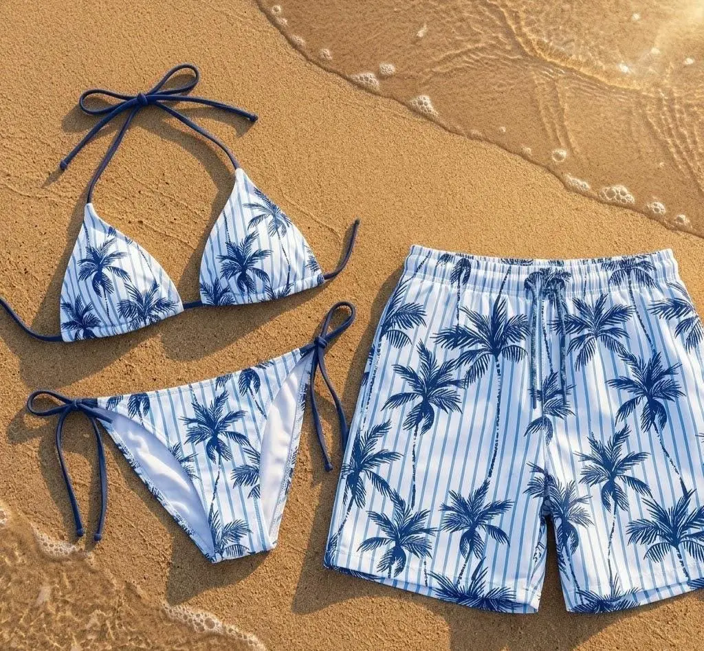 Matching Couple Swimwear Set, Blue Palm Tree Bikini & Trunks, Tropical Beachwear, Honeymoon Anniversary Gift