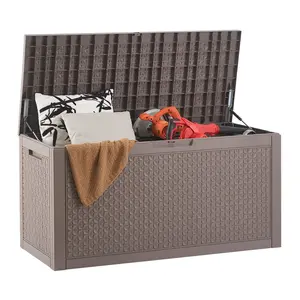 VEVOR Rattan Resin Plastic Outdoor Storage Organiser, 100 Gal Waterproof Deck Box with Waterproof Lid, Easy Setup, Side Handles & 2-Person Support, for Patio Furniture Cushions, Garden Tools (Grey)