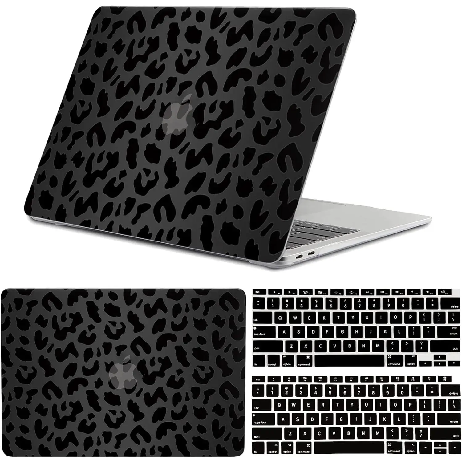 Black Leopard Print Plastic Hard Shell Laptop Case for 13 Inch MacBook Air (2020 M1 A2337, 2019 A2179, 2018 A1932) with Touch ID, 2 Keyboard Covers, Full Access to All Ports, Transparent Cover & Ventilation Holes