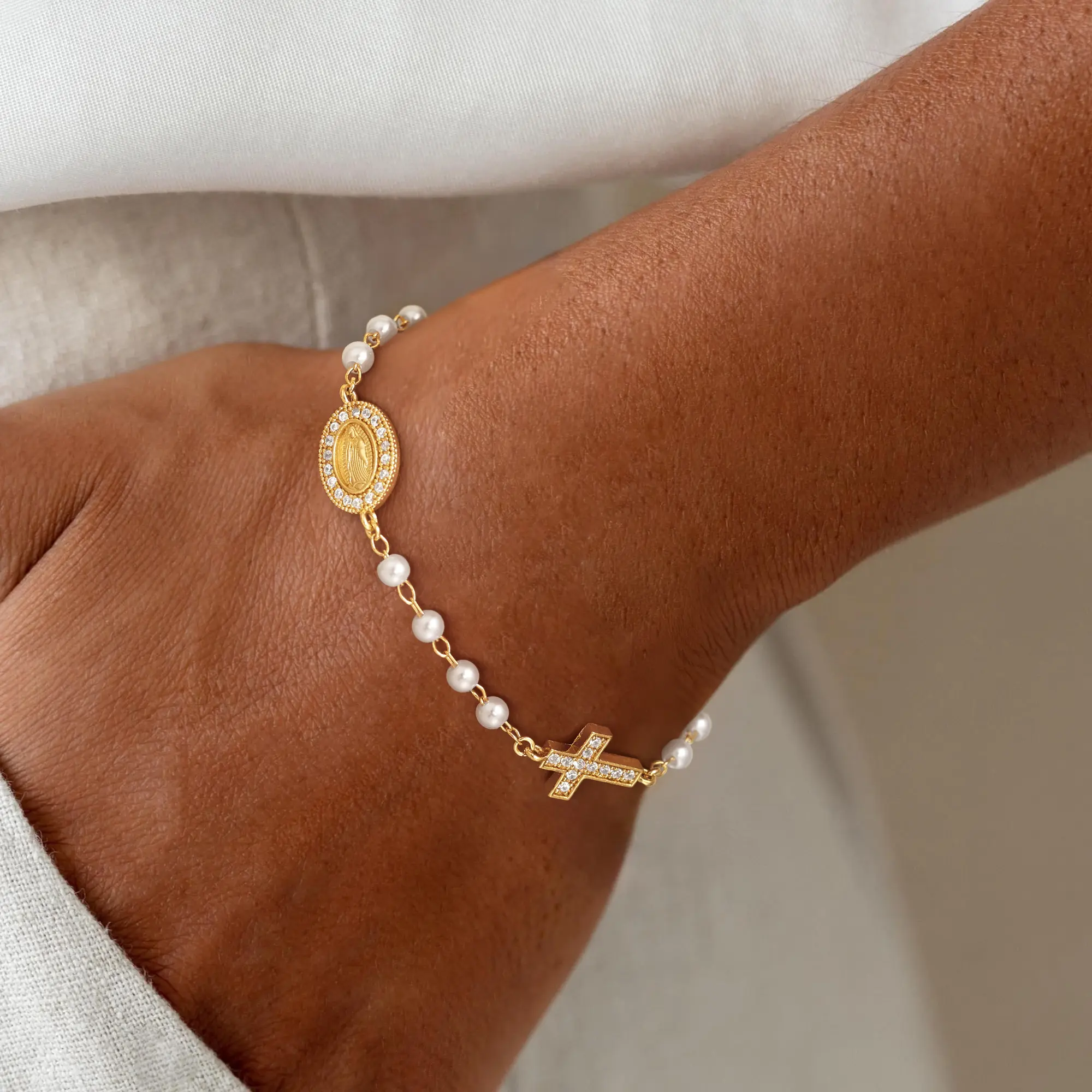 Dearmay Bead Cross Bracelet for Women 14K Gold Plated Necklace for Men Virgin Mary Bracelets Jewelry Gift for Girls