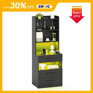 SIKAIC Black Tall LED Nightstand with Built-In Bookshelf, Bedroom Furniture Bedside Table