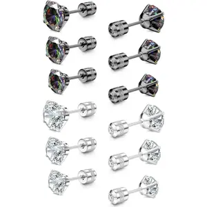 Jstyle 6 Pairs Titanium Earrings for Sensitive Ears Screw Back Hypoallergenic Surgical Stainless Steel Stud Earrings Double Side Rainbow AB Cubic Zirconia Studs Titanium Cartilage Earrings for Women Men 4/5/6 MM