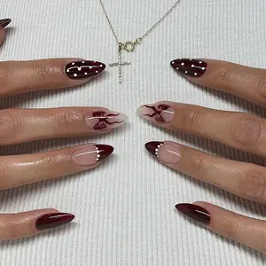 24-Piece Almond Shape Medium Nail Set, Polka Dot Bow Design, French Nail Art, Fashionable & Vibrant, Perfect for Parties, Dancing, Daily Wear