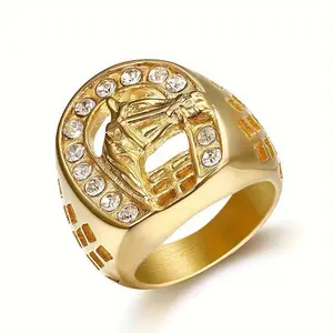 1pc Hip-hop Style 18k Gold Plated Copper Ring, Horseshoes Ring, Inset Synthetic Zircon Ring, Men's Jewelry Gift