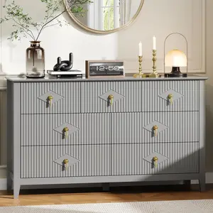 Gaomon 54-Inch Fluted Gray Transitional TV Stand - Wood Storage Dresser with Fluted Panels, Drawer Chests, TV Cabinet Storage, Easy Setup Cabinet Organizer for Living Room