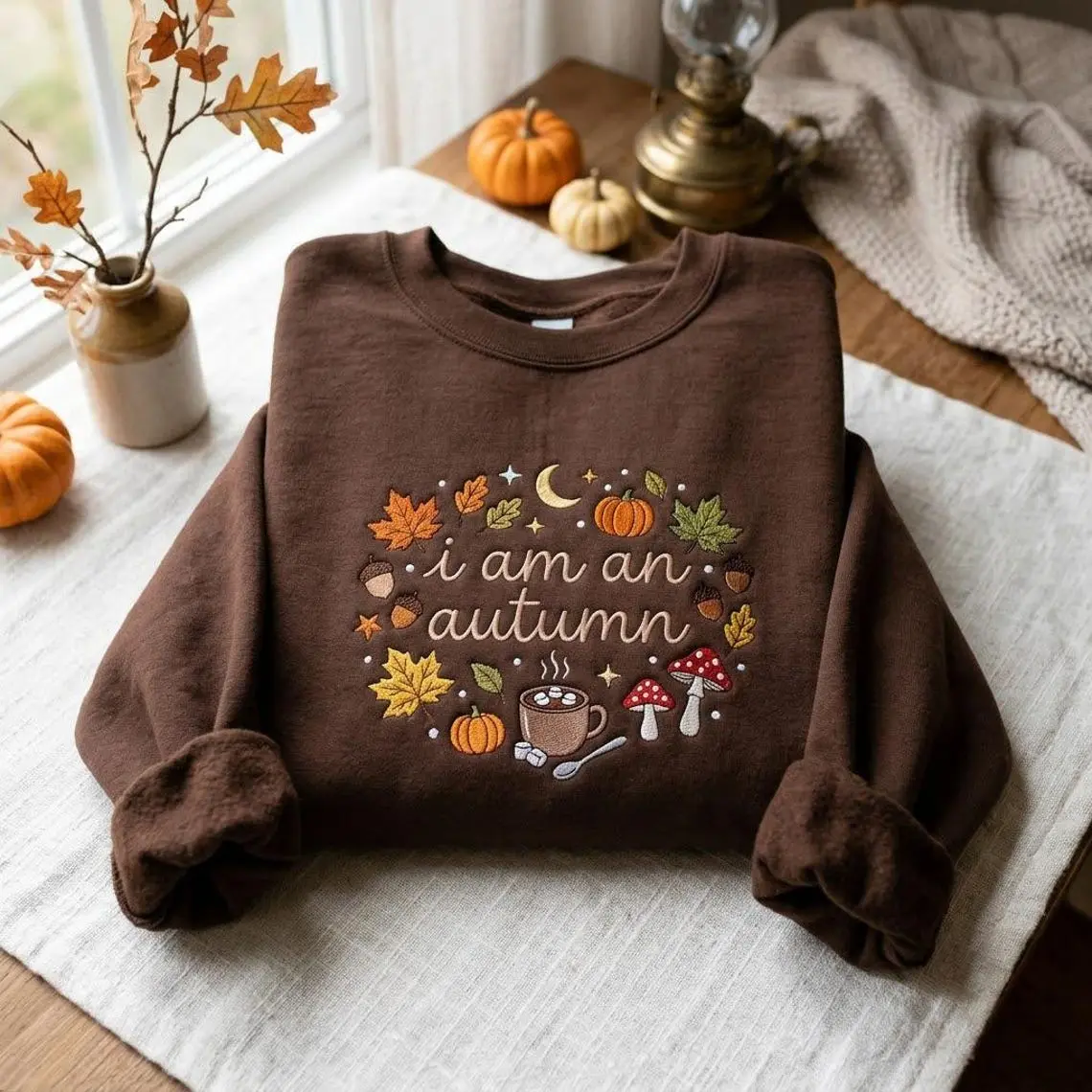 Women's Casual Embroidered "I am an Autumn" Crewneck Sweatshirt - Comfortable Everyday Garment, Fall Pumpkin Themed Autumn Gift, Embroidery, Fit