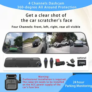 4 Channel Dash Cam with 12" Touch Screen Mirror, WiFi Rearview Mirror, Night Vision, Parking Assistance, GPS, G-Sensor, Loop Recording, 360-Degree Panoramic Dash Cam for Cars