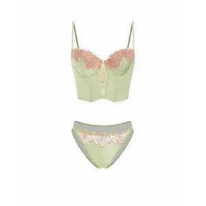 Cider Satin Sweetheart Floral Lace Up Lingerie Set