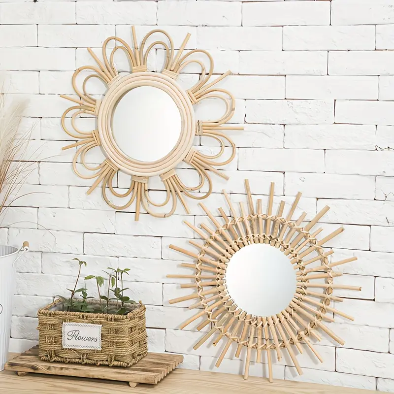 New Hand-Woven Willow Decorative Mirror Nordic Style Wall Hanging Mirror for Living Room Entryway Glass Makeup Mirror with Natural Rattan Frame.