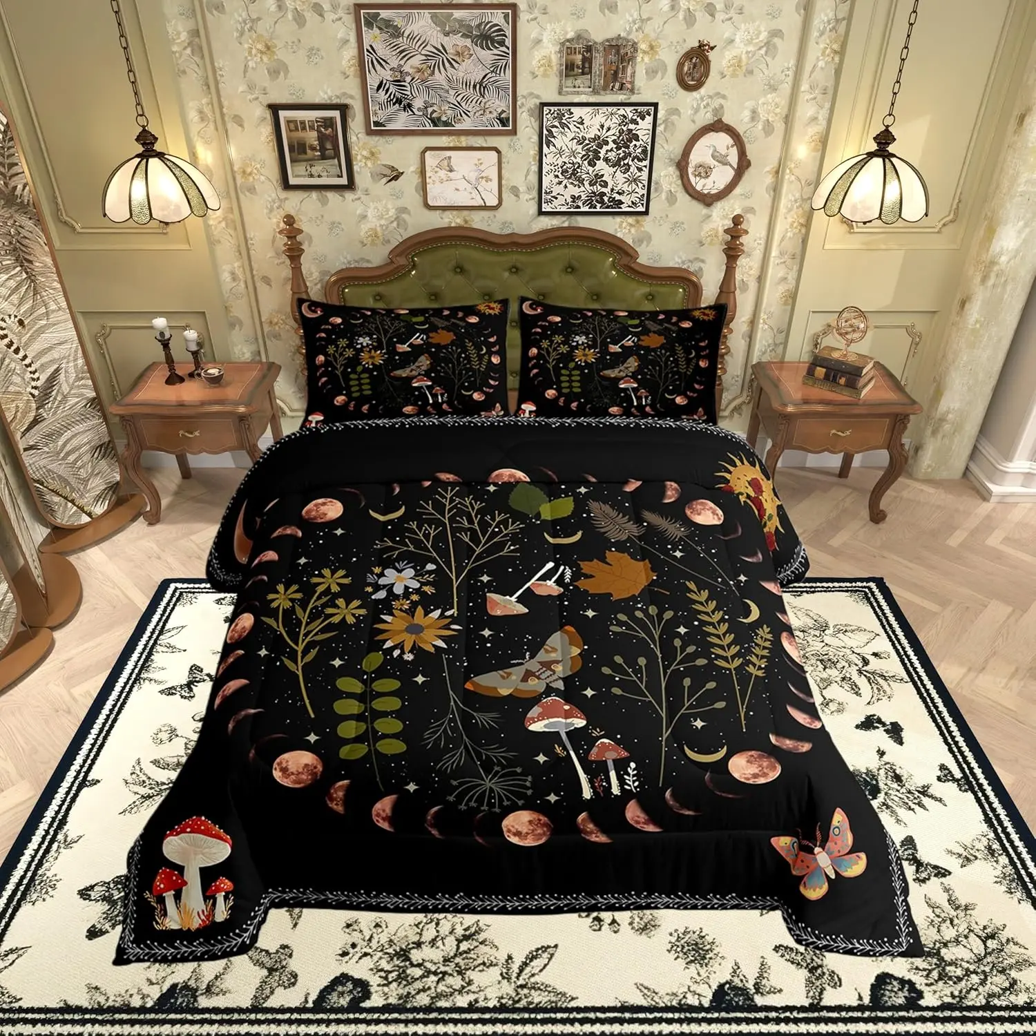 Feelyou Gothic Nature Soft Polyester Quilt Set - Butterfly, Moth, Flower, Mushroom, Star, Moon, Sun Prints, Rustic Garden & Boho Style Bedroom Bedding Set, Decorative Bedding, Decorative Bedding Set