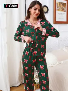 Women's Spring Summer Set, Plaid Bowknot Butterfly Print Long Sleeve Top & Pants, Soft Comfortable Casual Wear