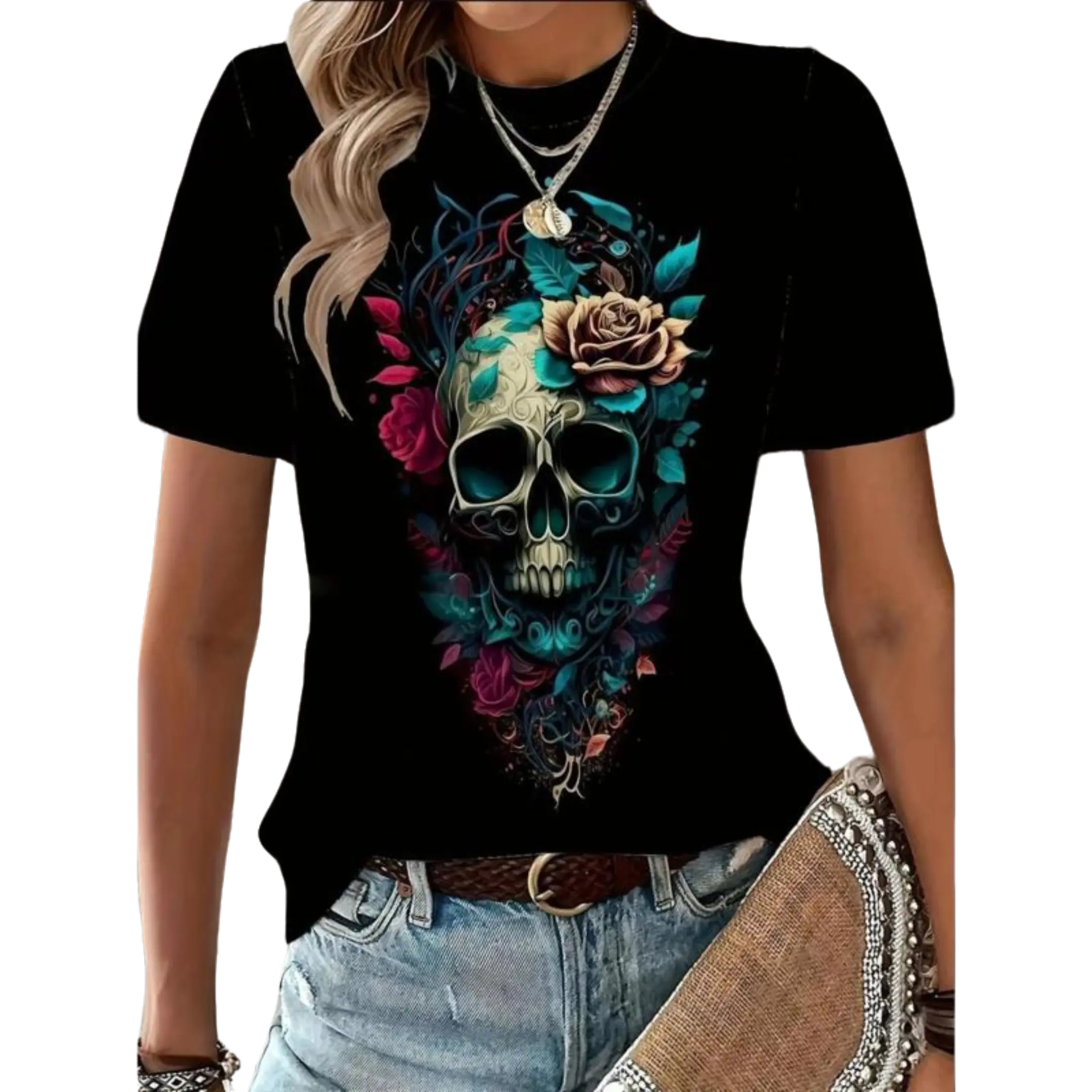 Women'S Casual Crew Neck T-Shirt With Floral Skull Print,Unisex T-shirts