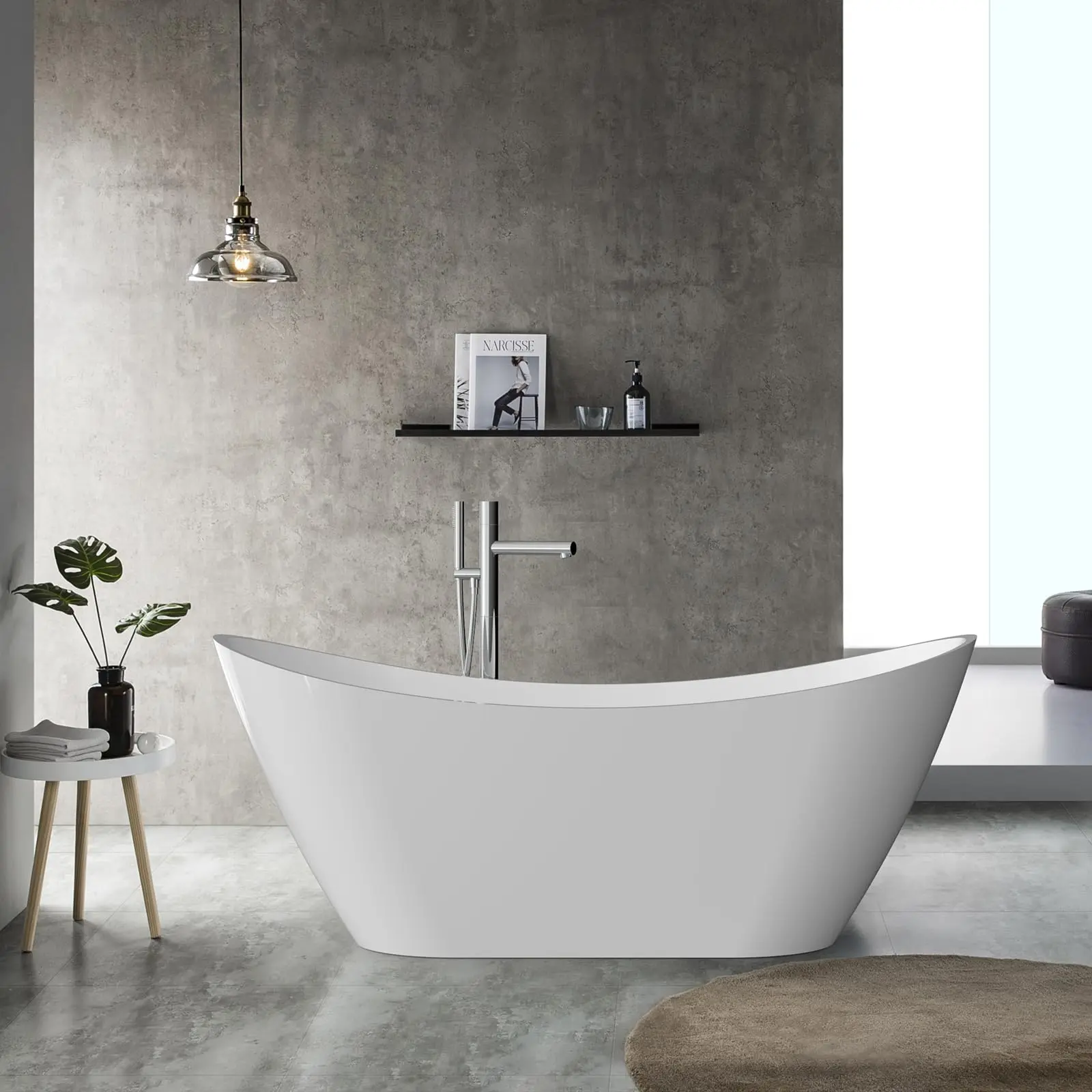 Garvee 59-Inch Acrylic Freestanding Soaking Bathtub, Modern Oval Tub with CUPC Certified Chrome Drain & Overflow, Deep Soaking & Easy Clean Design for Luxurious Home Spa Experience, White