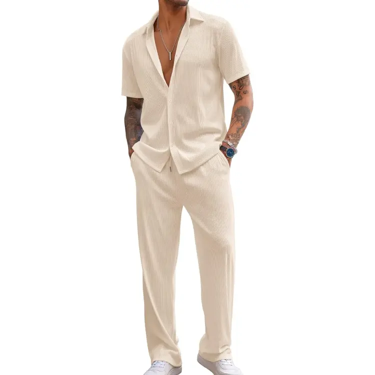COOFANDY B Men's 2 Piece Outfit Casual Short Sleeve Button Down Shirt Beach Summer Loose Pant Sets Menswear Breathable